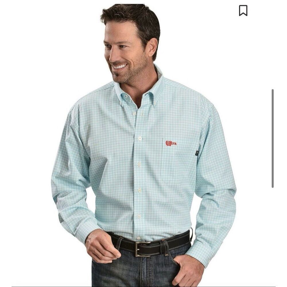 CINCH MEN'S FLAME RESISTANT PLAID PRINT LONG SLEEVE BUTTON DOWN WORK SHIRT 2XL